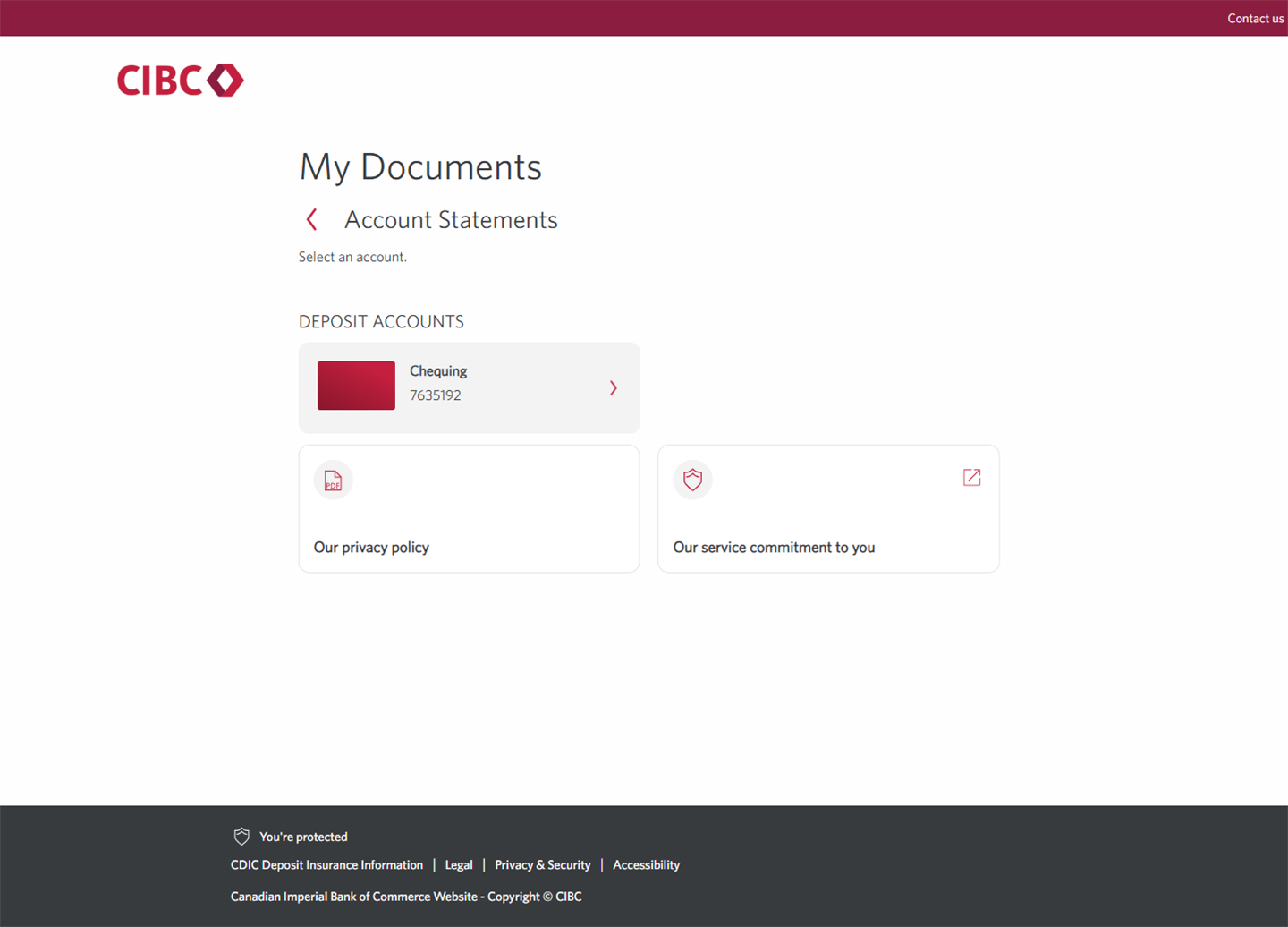Demo screen 4: CIBC My Documents page. A pulsing animation highlights the "Chequing" link.