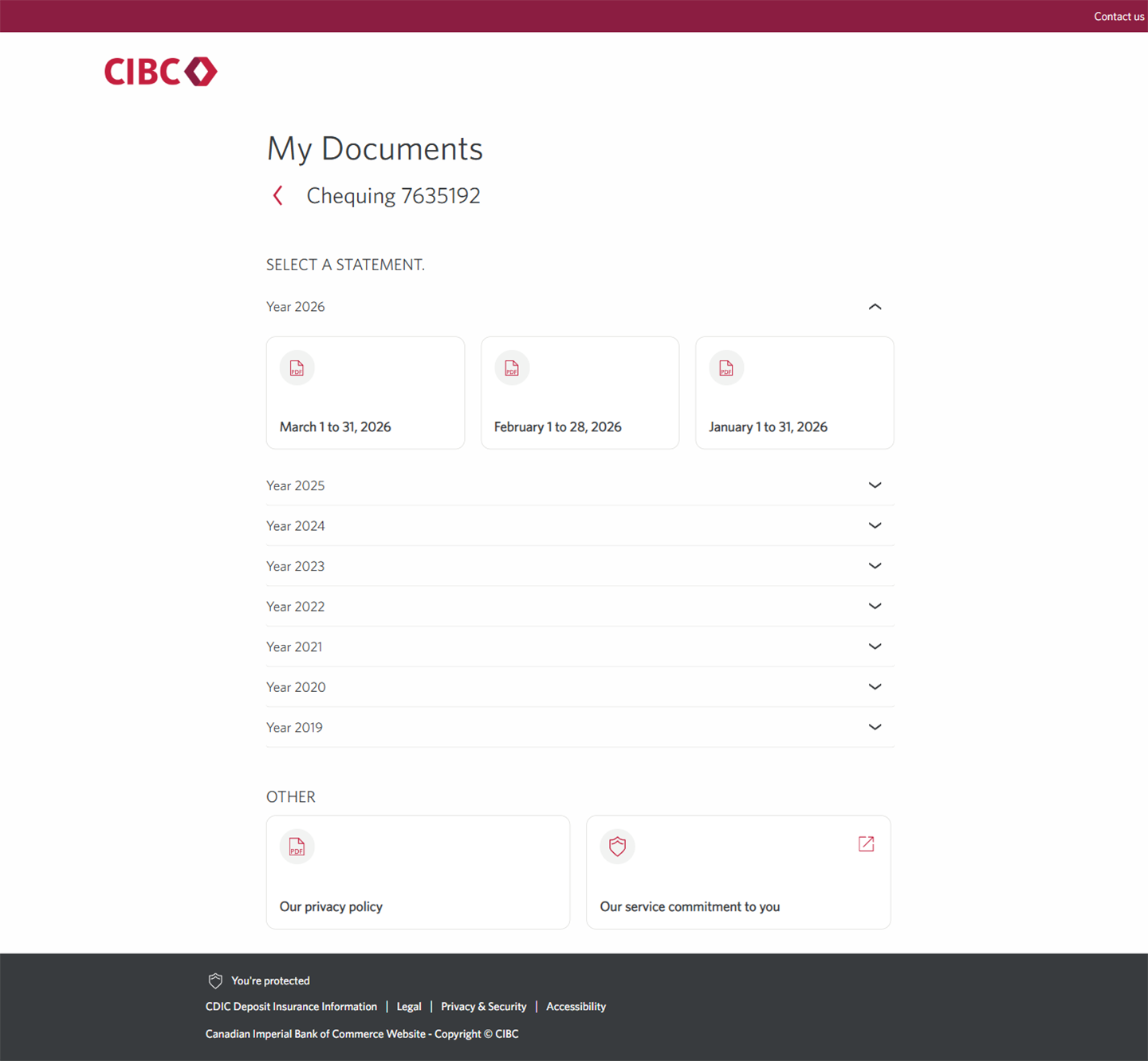 Demo screen 5: CIBC My Documents page. A pulsing animation highlights the "Year 2026" link.