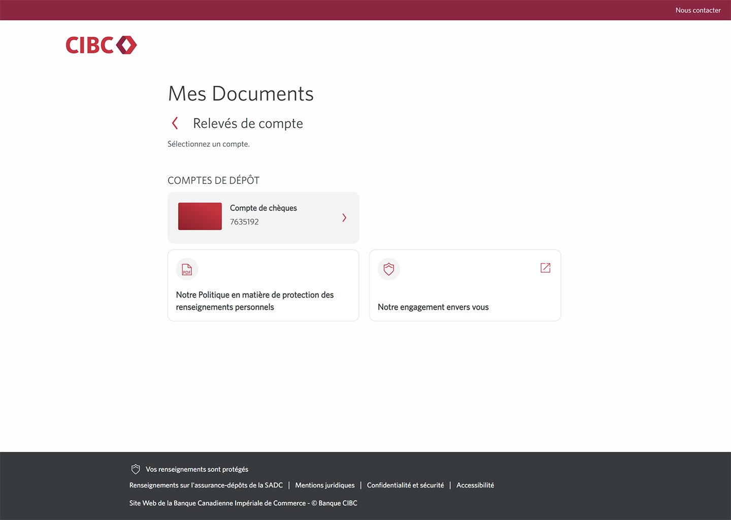 Écran 4 de la démonstration : Page Mes documents CIBC. Une animation dynamique met en évidence le lien Compte chèques.