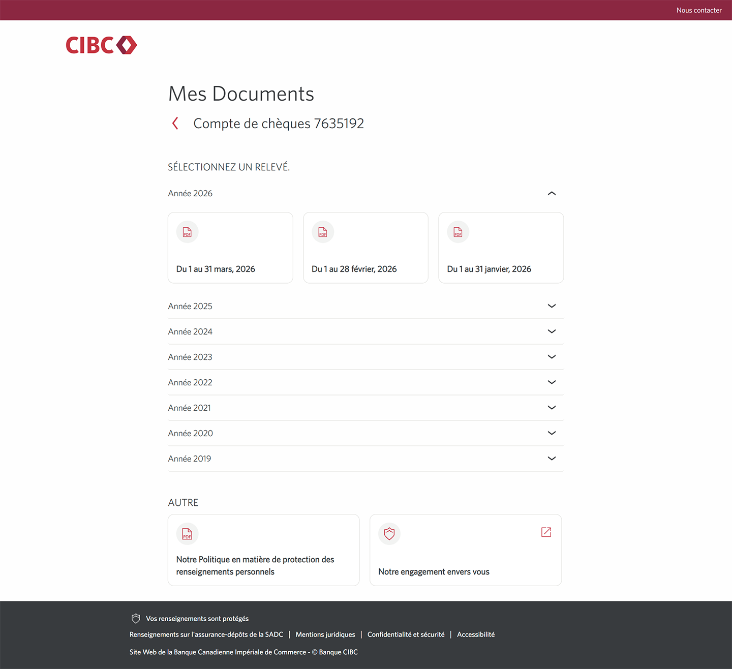 Écran 5 de la démonstration : Page Mes documents CIBC. Une animation dynamique met en évidence le lien Année 2026.