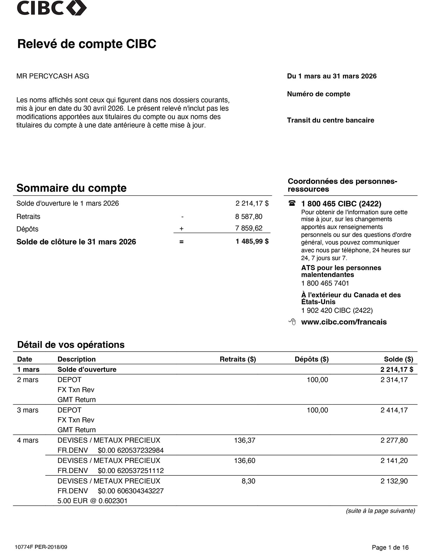 Écran 6 de la démonstration : Exemple de relevé électronique de compte. Aucune animation dynamique.