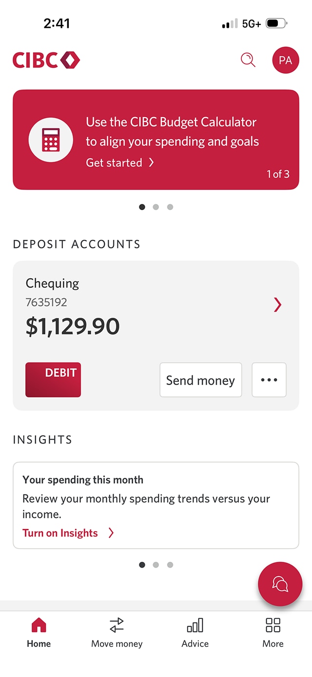 Demo screen 2: CIBC Mobile App banking homepage. A pulsing animation highlights the "More" tab.