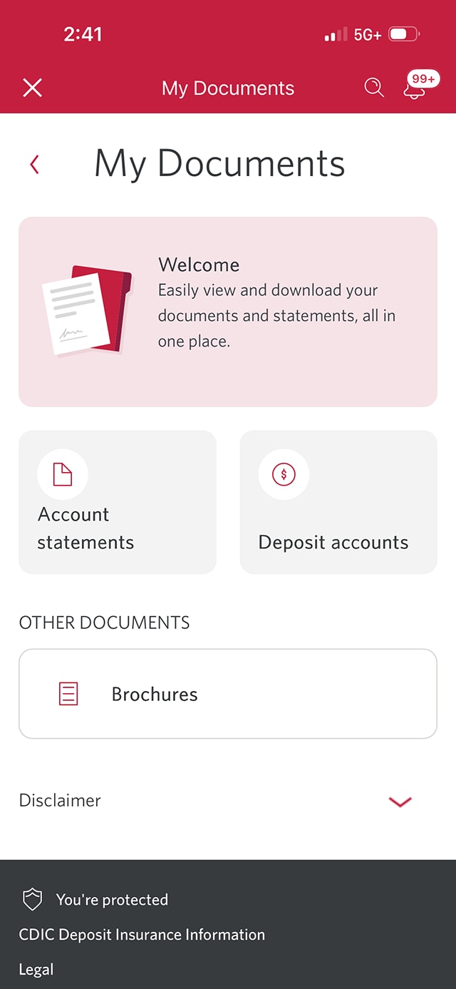 Demo screen 4: CIBC Mobile App tools and services menu. A pulsing animation highlights the Account statements button.