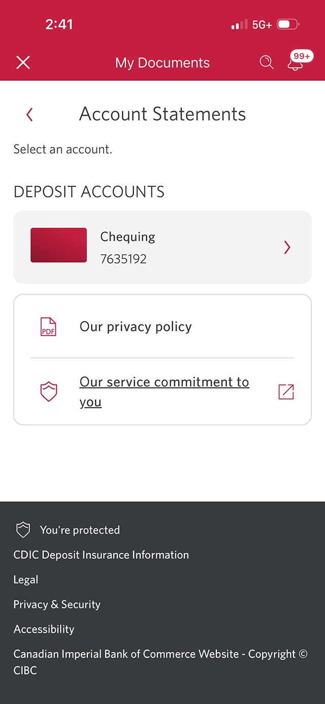 Demo screen 5: CIBC Mobile App Account Statements menu. A pulsing animation highlights the "Chequing" account link.