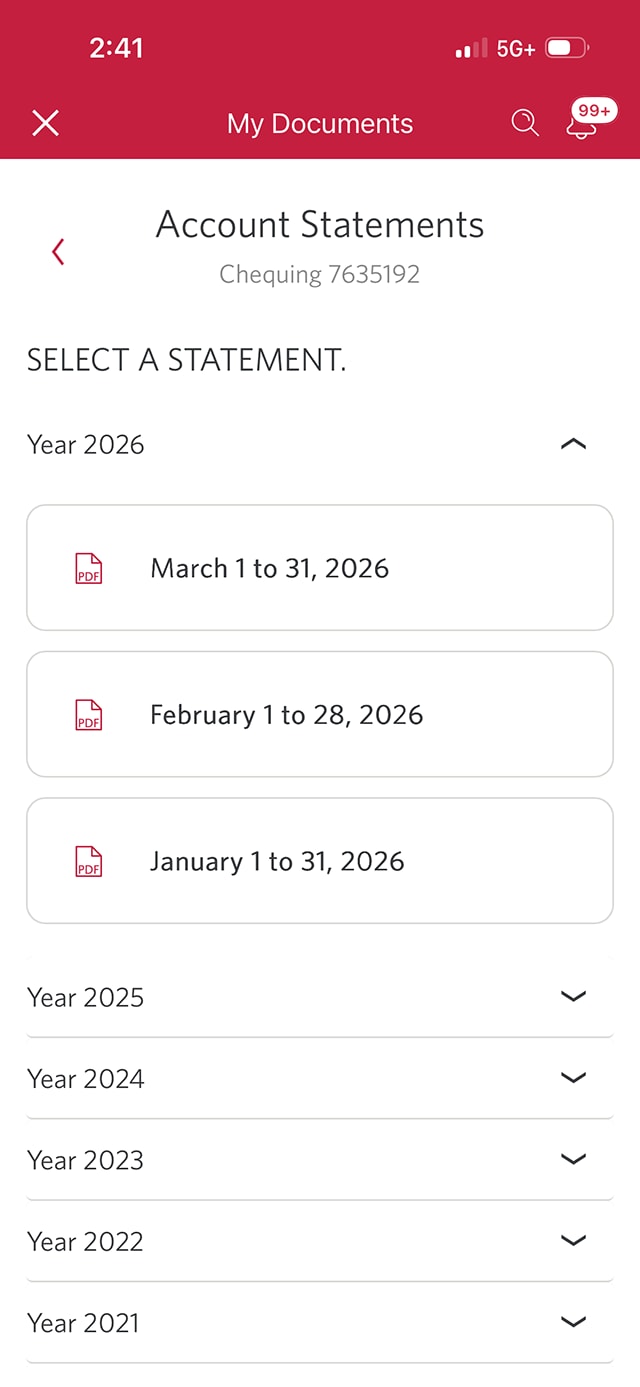 Demo screen 6: CIBC Mobile App Account Statements menu. A pulsing animation highlights the "Year 2026" button.