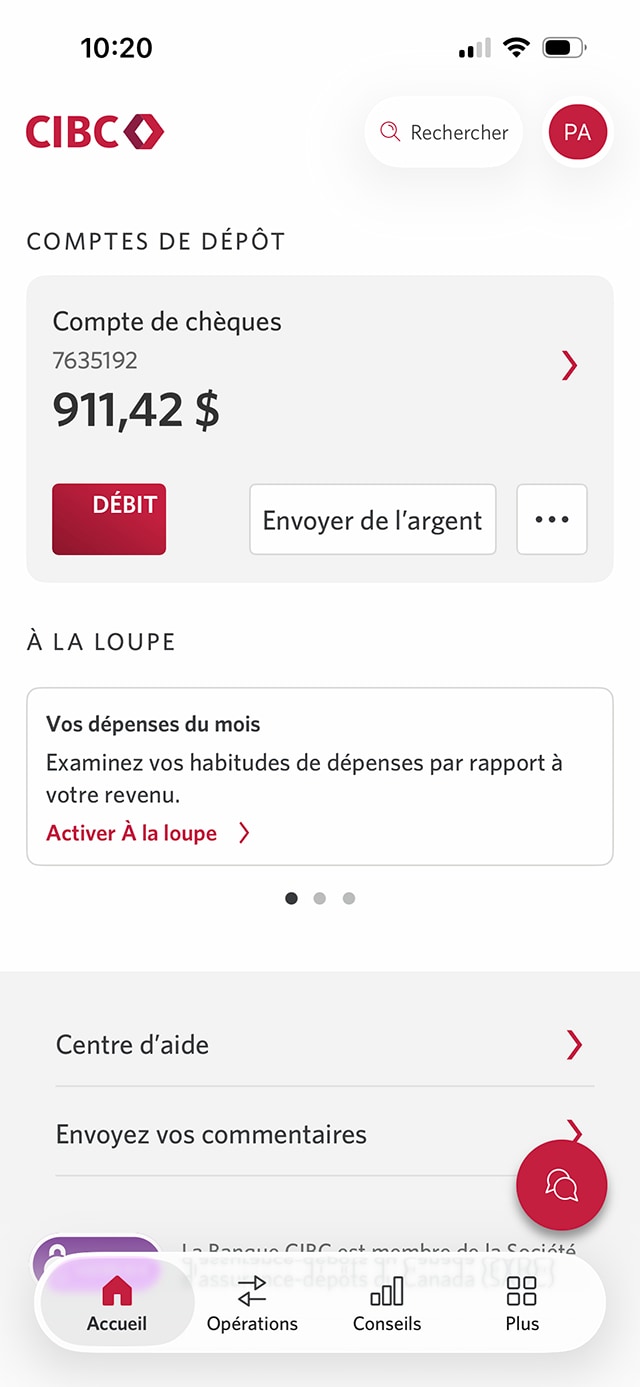 Écran 2 de la démonstration : Page d’accueil de l’application Services bancaires mobiles CIBC. Une animation dynamique met en évidence l’onglet Plus.