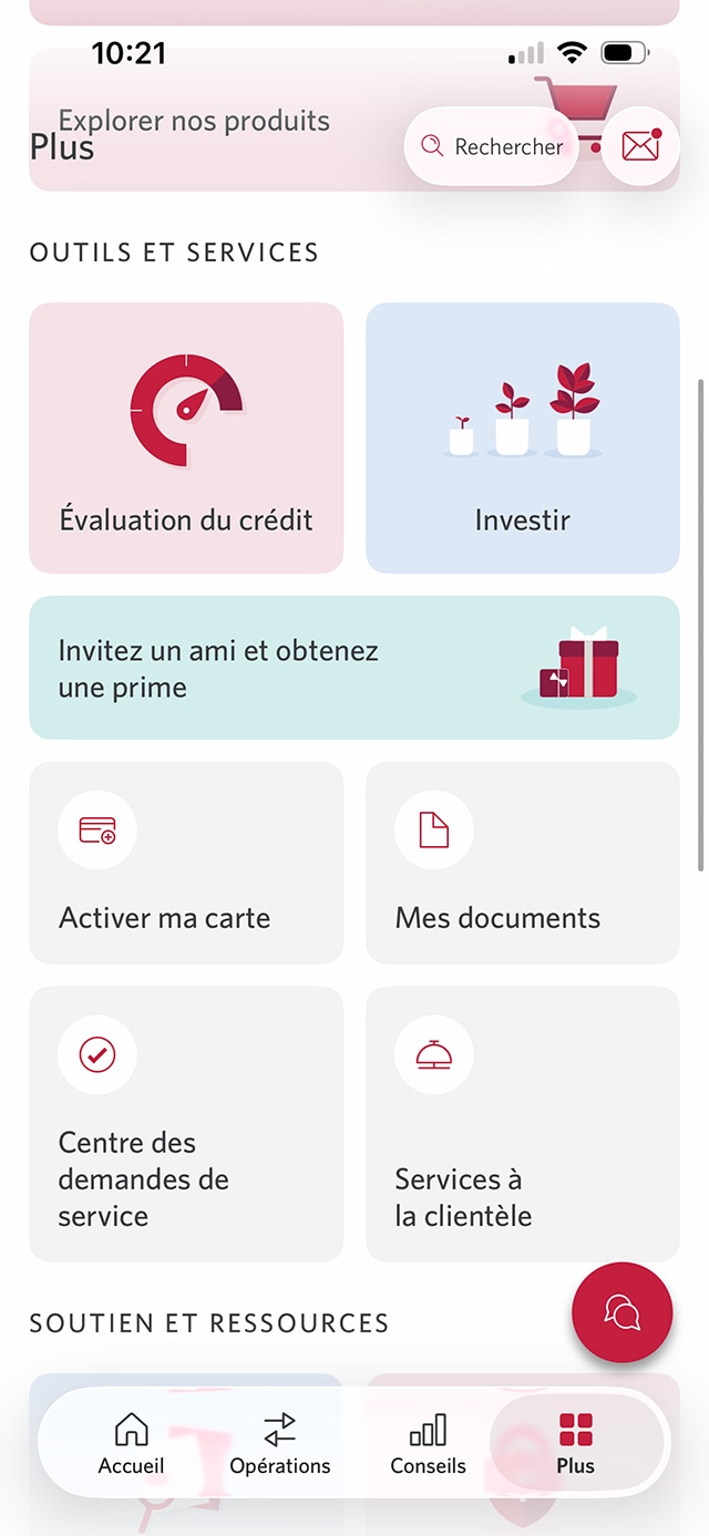 Écran 3 de la démonstration : Menu Plus de l’application Services bancaires mobiles CIBC. Une animation dynamique met en évidence le bouton Mes documents.
