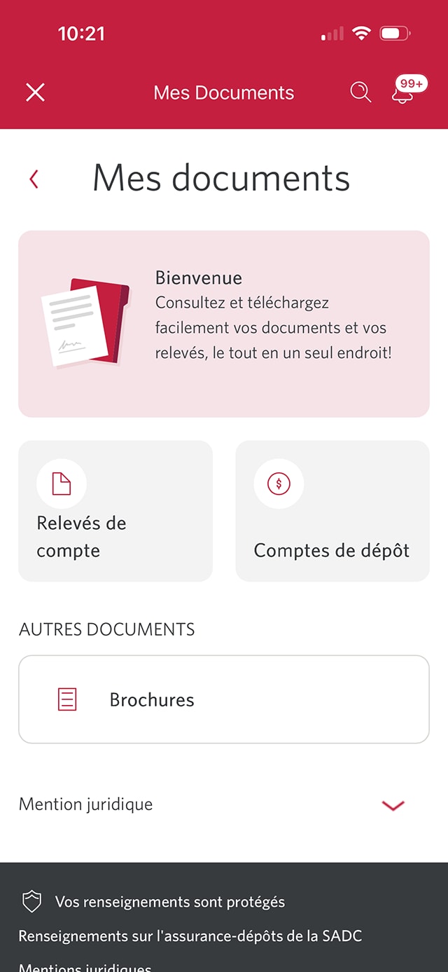 Écran 4 de la démonstration : Menu des outils et services de l’application Services bancaires mobiles CIBC. Une animation dynamique met en évidence le bouton Relevés de compte.