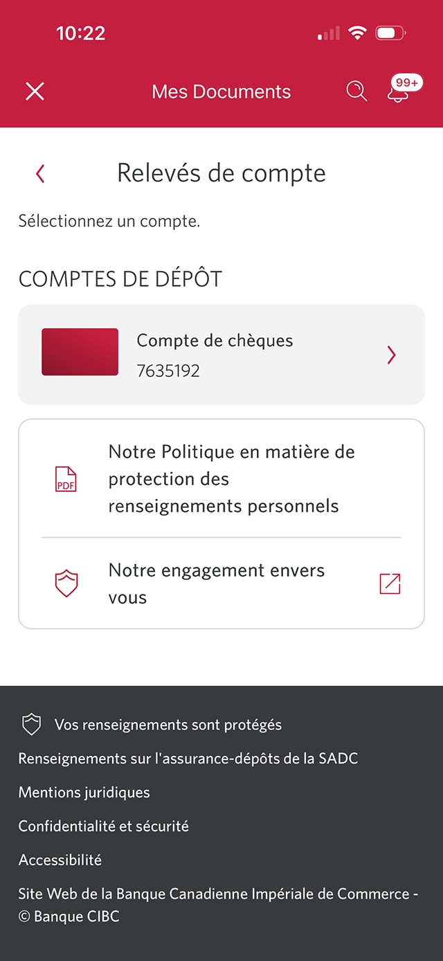 Écran 5 de la démonstration : Menu Relevés de compte de l’application Services bancaires mobiles CIBC. Une animation dynamique met en évidence le lien Compte chèques.