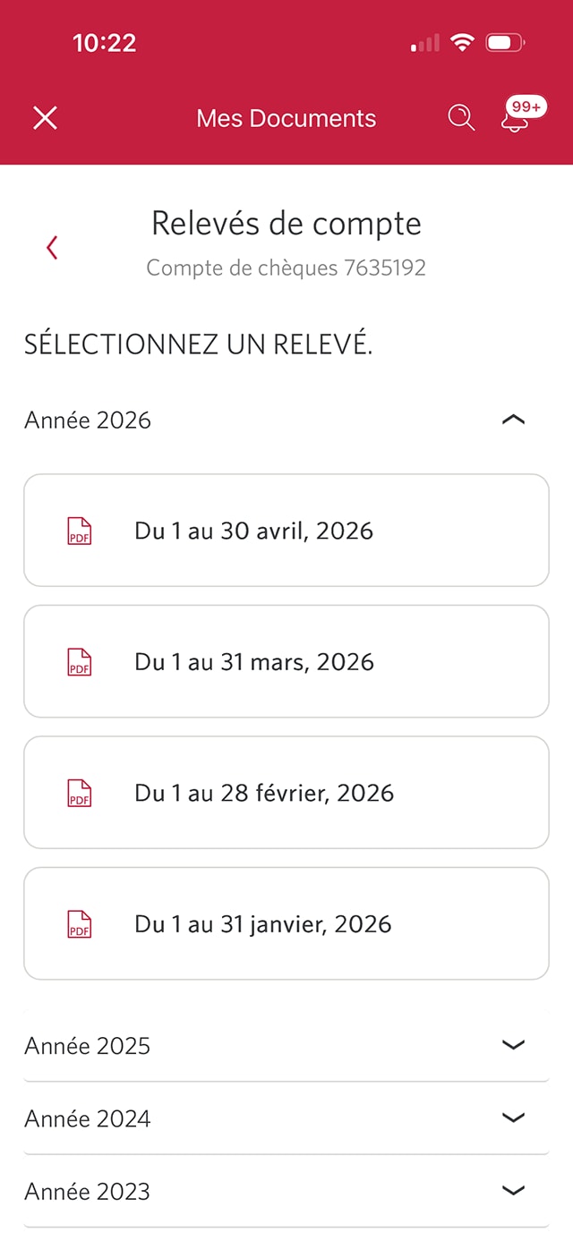 Écran 6 de la démonstration : Menu Relevés de compte de l’application Services bancaires mobiles CIBC. Une animation dynamique met en évidence le bouton Année 2026.