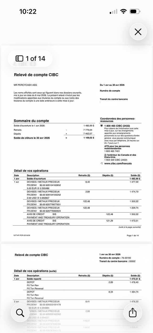 Écran 7 de la démonstration : Exemple de relevé électronique de compte CIBC. Aucune animation dynamique.