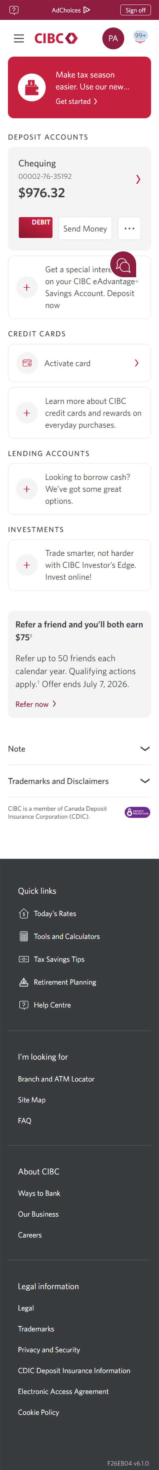 Demo screen 2: CIBC Online Banking homepage. A pulsing animation highlights the "More options" menu.