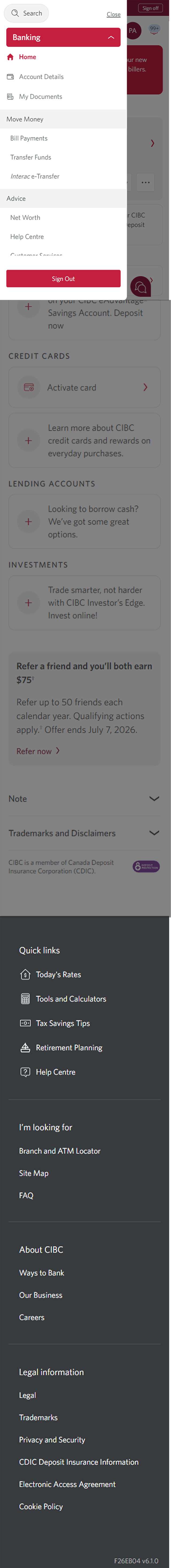 Demo screen 3: CIBC Online Banking navigation sidebar. A pulsing animation highlights the "My Documents" link.