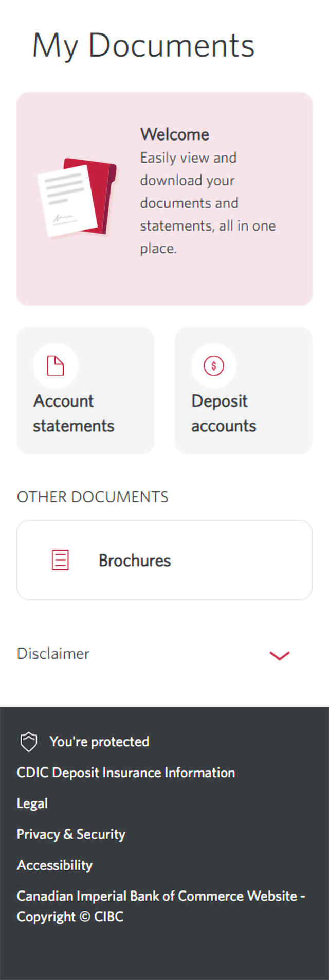 Demo screen 4: CIBC My Documents page. A pulsing animation highlights the "Account statement" link. 