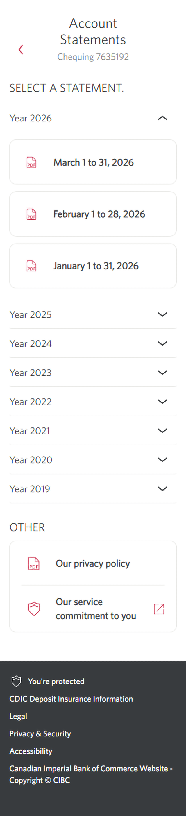 Demo screen 6: CIBC My Documents page. A pulsing animation highlights the "Year 2026" link. 