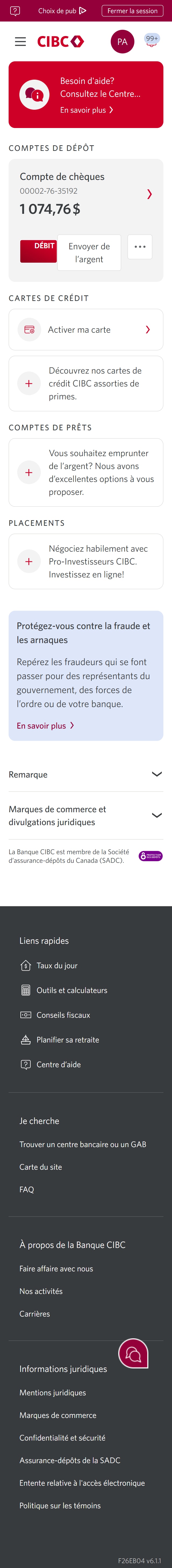 Écran 2 de la démonstration : Page d’accueil de Services bancaires CIBC en direct. Une animation dynamique met en évidence le menu Plus d’options.