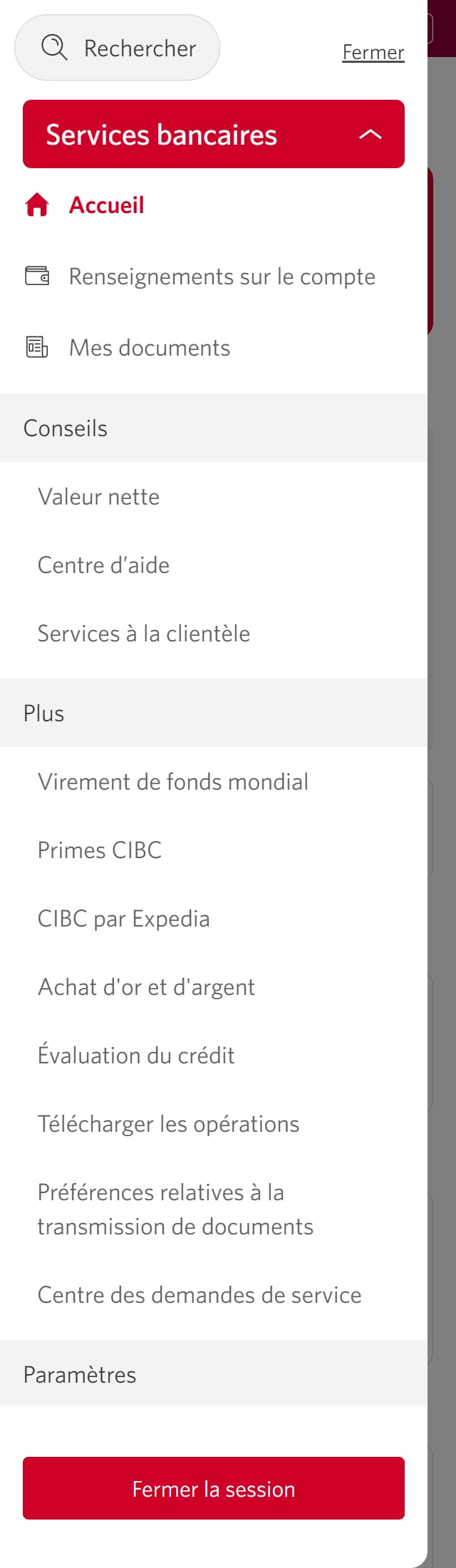 Écran 3 de la démonstration : Barre latérale de navigation de Services bancaires CIBC en direct. Une animation dynamique met en évidence le lien Mes documents.