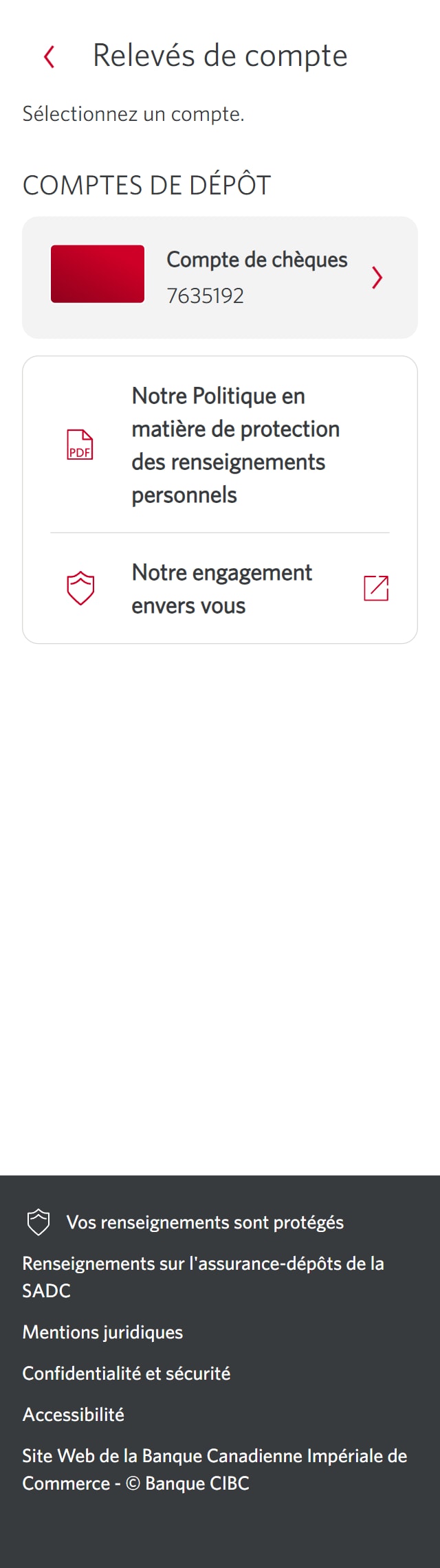 Écran 5 de la démonstration : Page Mes documents CIBC. Une animation dynamique met en évidence le lien Compte chèques.