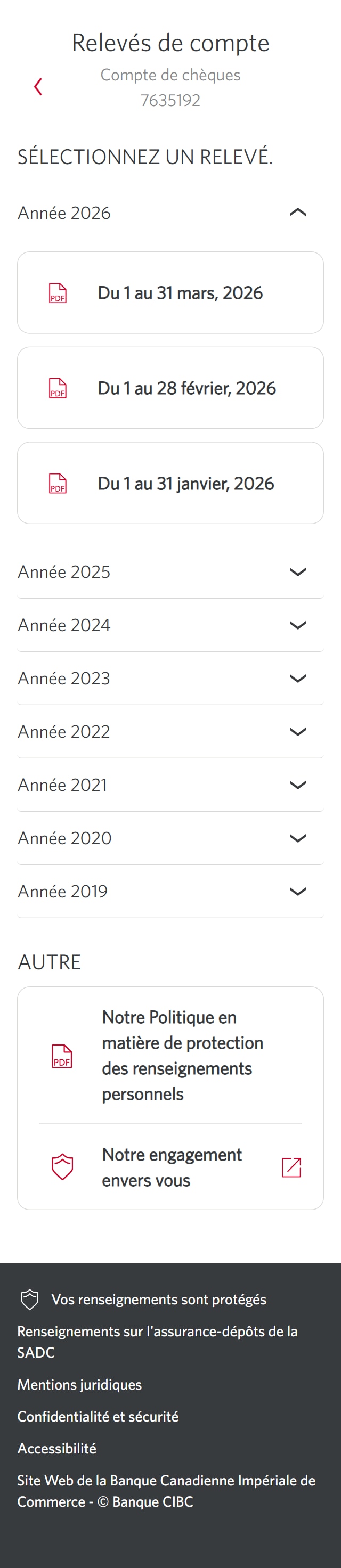 Écran de démonstration 6 : Page Mes documents CIBC. Une animation en pulsation met en évidence le lien « Année 2026 ».