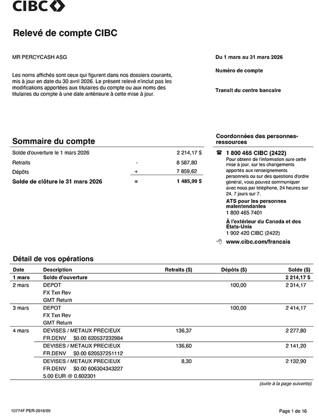 Écran 7 de la démonstration : Exemple de relevé électronique de compte. Aucune animation dynamique.