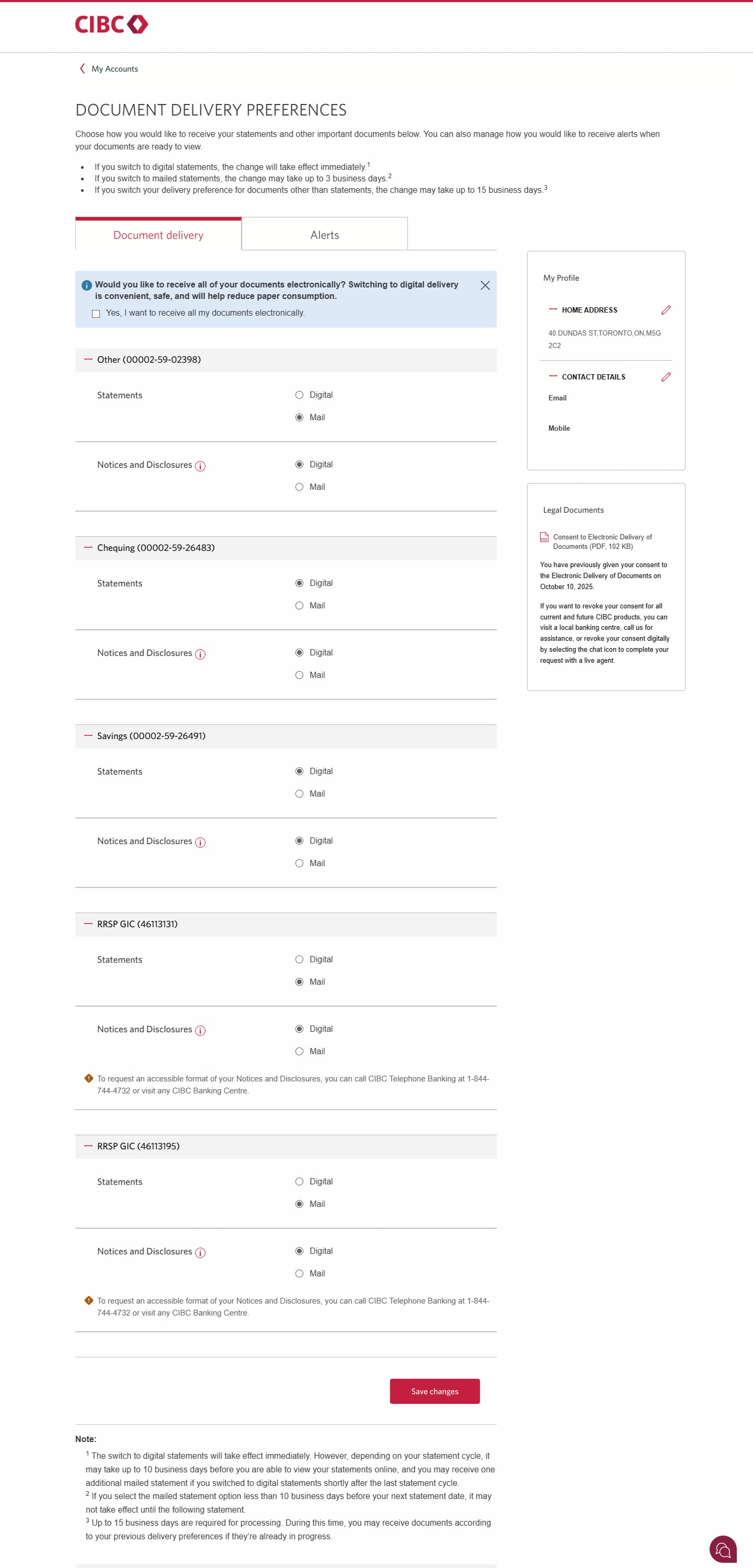 Demo screen 3: Document Delivery Preferences page to choose statement type. Pulsing animation on "Save Changes" button.
