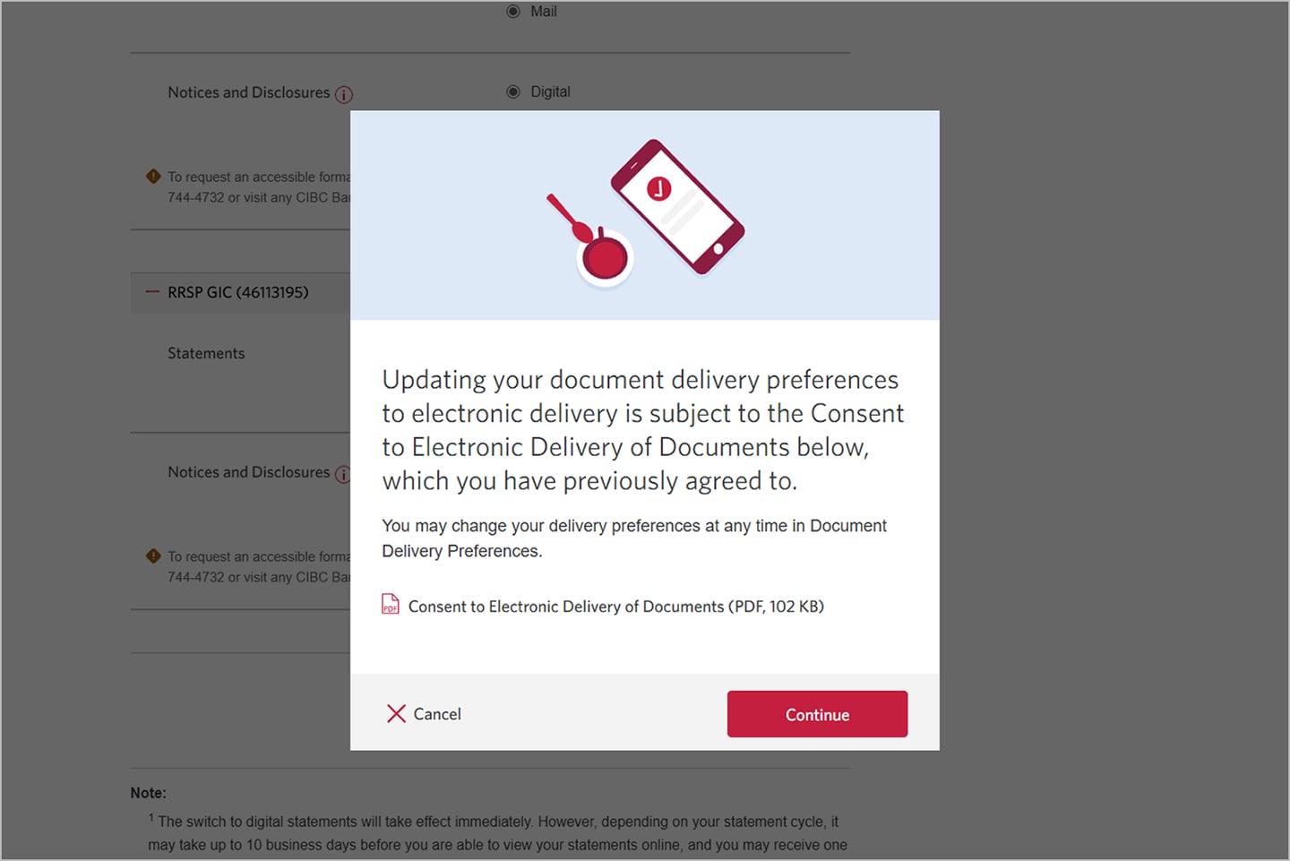 Demo screen 4 has a modal with PDF: Consent to Electronic Delivery of Documents. Pulsing animation on the "Continue" button.