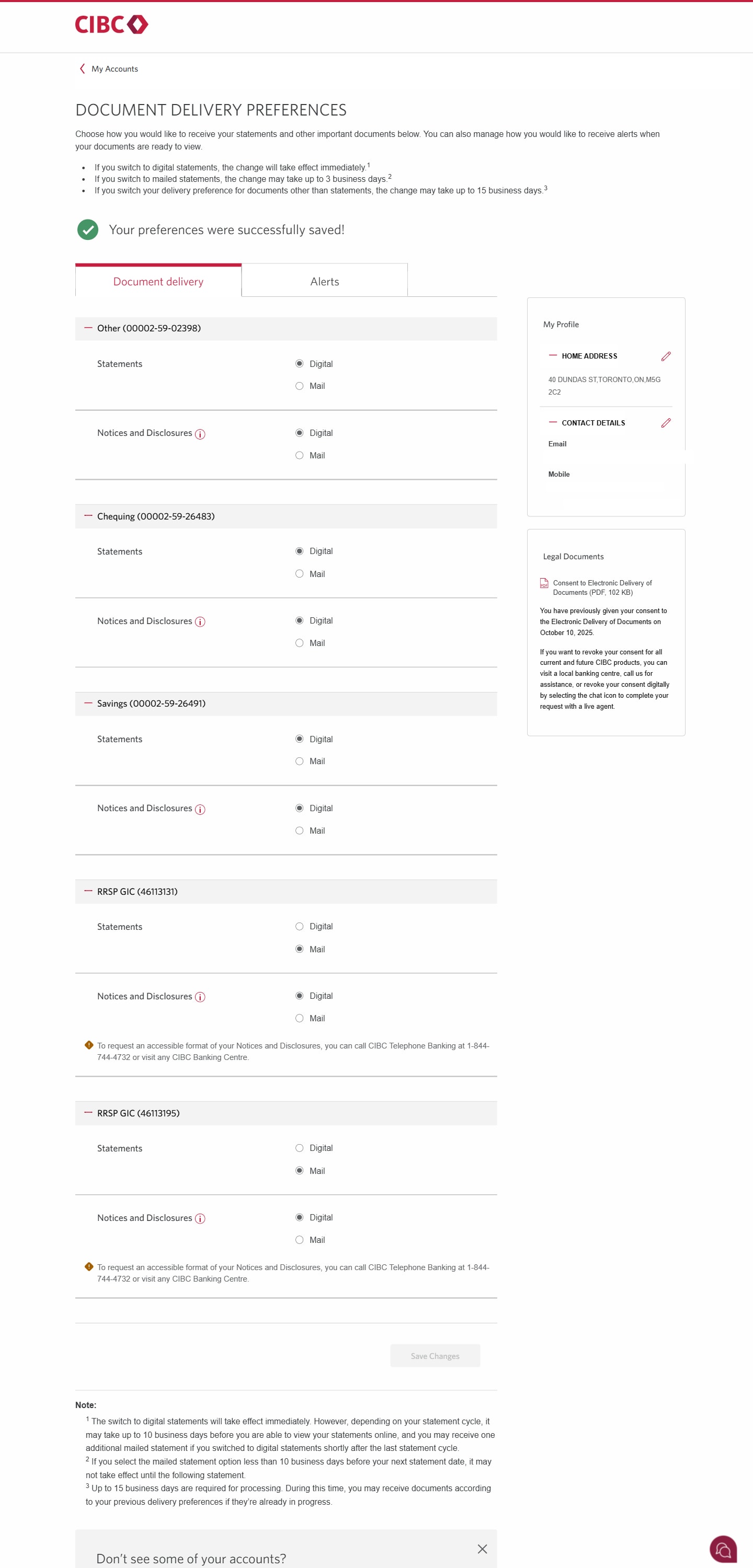 Demo screen 5: Document Delivery Preferences page with a note stating preferences were successfully saved. No pulsing animation.