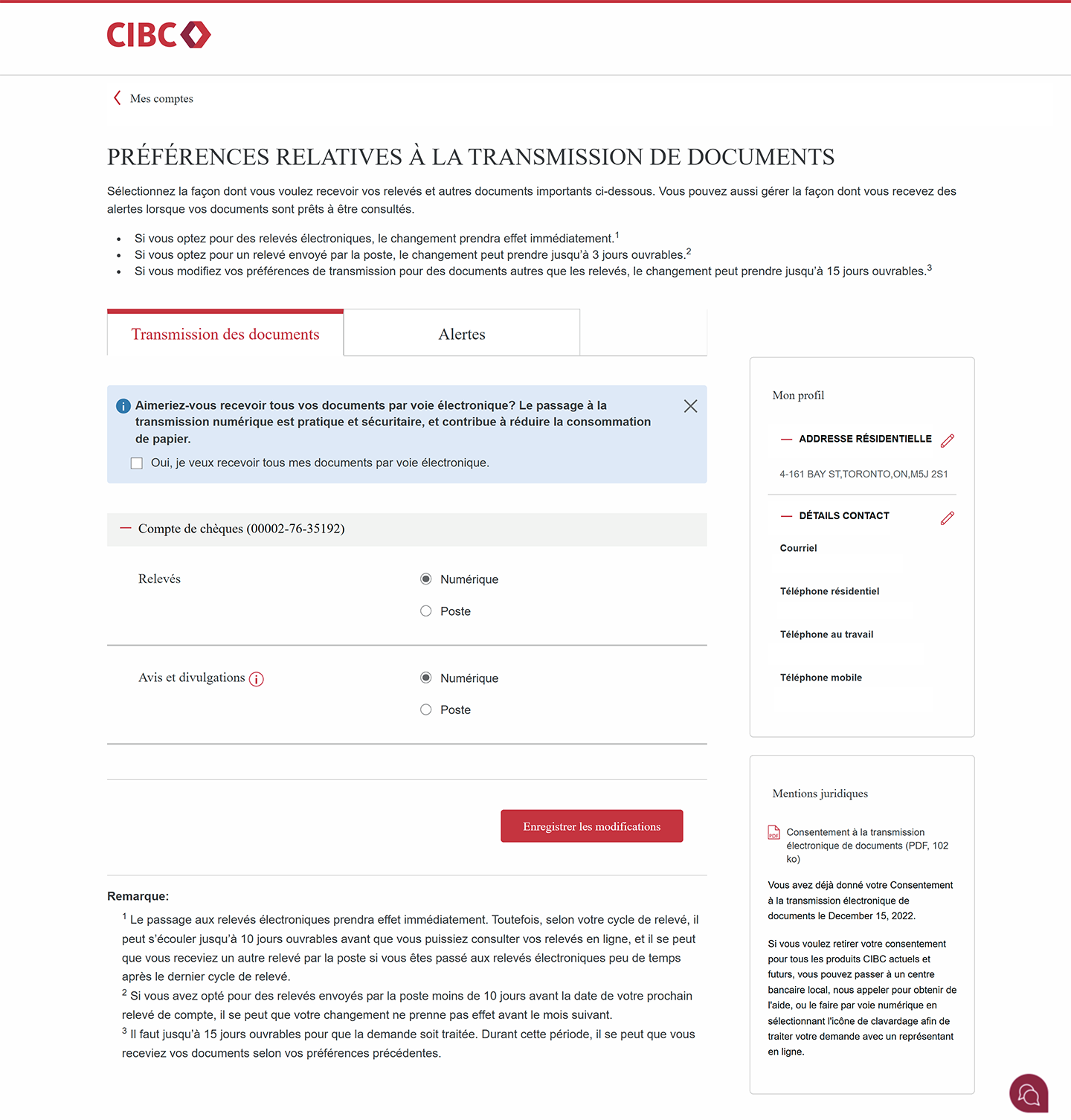Écran 3 de la démonstration : Page Préférences relatives à la livraison de documents pour choisir le type de relevé. Une animation dynamique met en évidence le bouton Enregistrer les modifications.