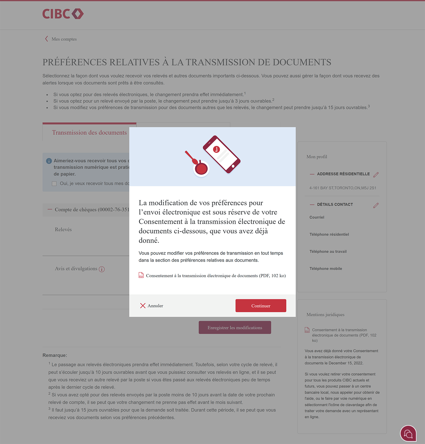 L’écran 4 de la démonstration comporte une fenêtre modale avec un document PDF : Consentement à la transmission électronique de documents. Une animation dynamique met en évidence le bouton Continuer.