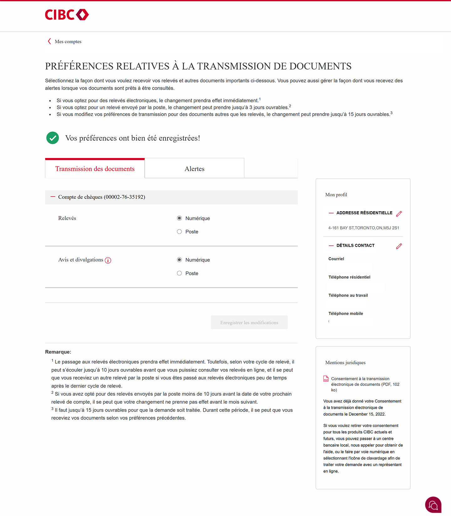 Écran 5 de la démonstration : Page Préférences relatives à la livraison de documents avec une note indiquant que les préférences ont bien été enregistrées. Aucune animation dynamique.