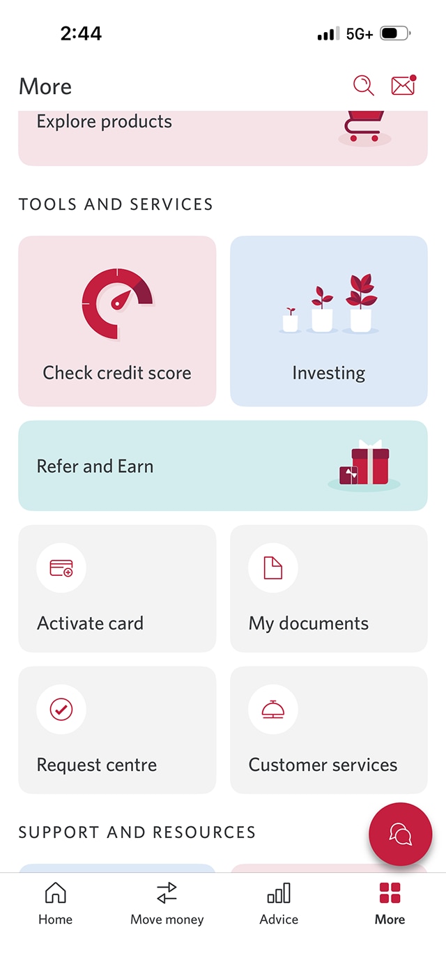 Demo screen 3: "More" page. A pulsing animation highlights the "Customer services" button.