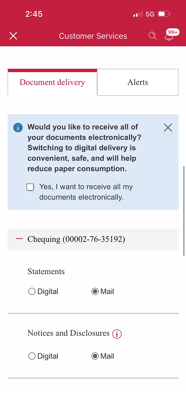 Demo screen 5: "Document delivery" tab on the Customer Services page. A pulsing animation highlights the "Yes, I want to receive all my documents electronically" checkbox.