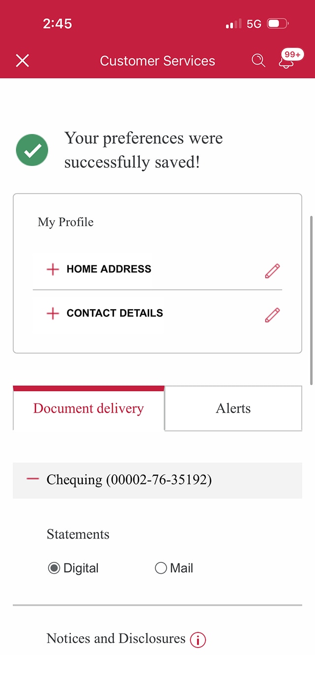 Demo screen 8: Customer Services page with a note stating preferences were successfully saved. No pulsing animation.