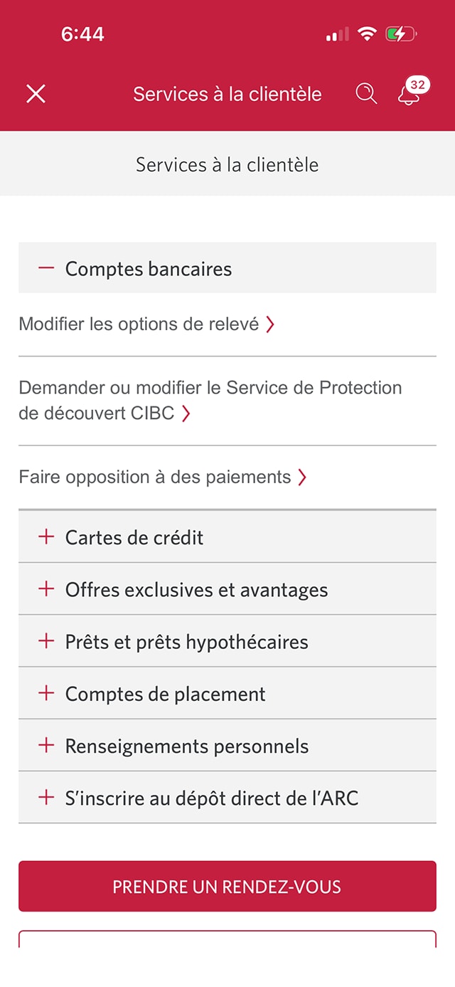 Écran 4 de la démonstration : Page Services à la clientèle. Une animation dynamique met en évidence le lien Modifier les options de relevé.