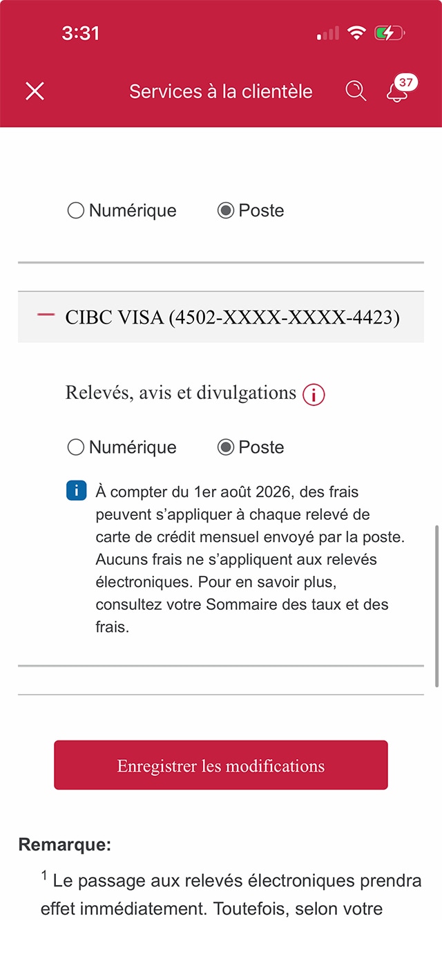 Écran 6 de la démonstration : Onglet « Transmission de documents » à la page Services à la clientèle. Une animation dynamique met en évidence le bouton Enregistrer les modifications.