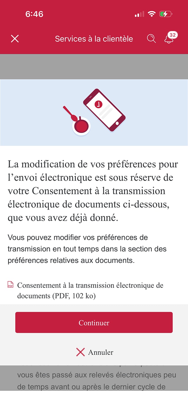 L’écran 7 de la démonstration comporte une fenêtre modale avec un document PDF : Consentement à la transmission électronique de documents. Une animation dynamique met en évidence le bouton Continuer.