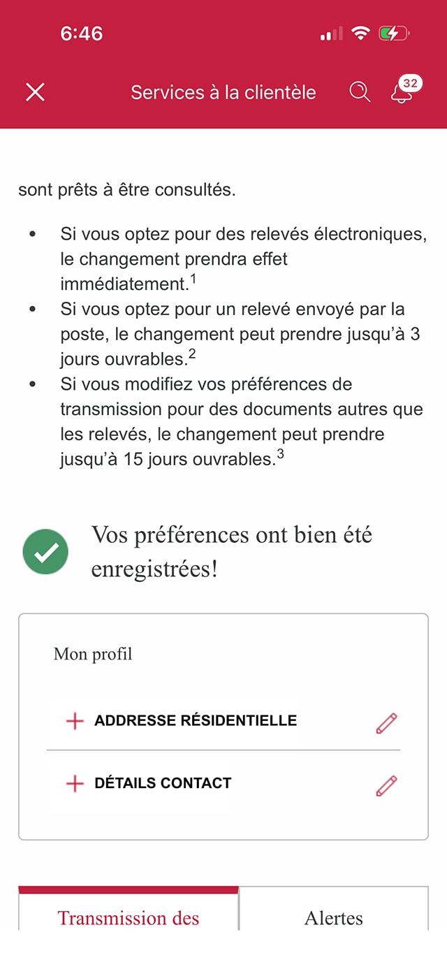 Écran 8 de la démonstration : Page Services à la clientèle avec une note indiquant que les préférences ont bien été enregistrées. Aucune animation dynamique.