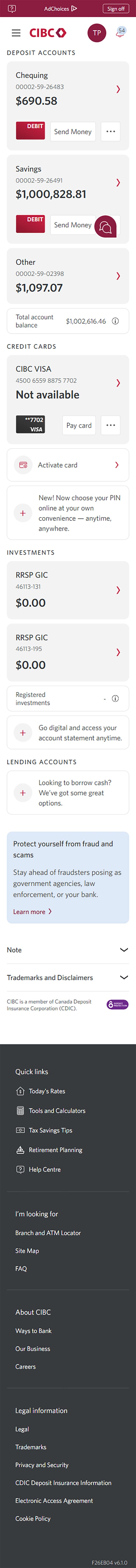 Demo screen 2: CIBC Online Banking homepage. A pulsing animation highlights the "More options" menu.