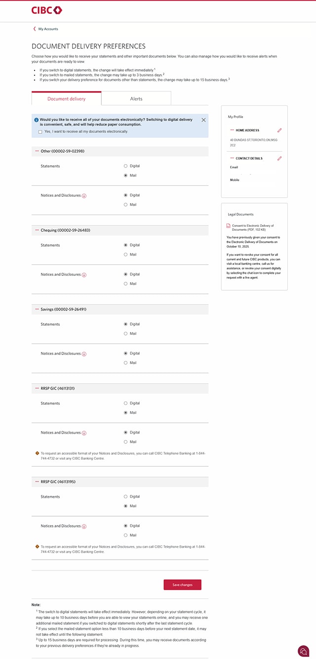 Demo screen 4: Document Delivery Preferences page to choose statement type. Pulsing animation on "Save Changes" button.