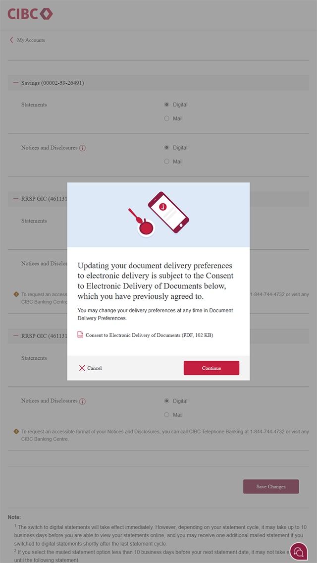 Demo screen 5 has a modal with PDF: Consent to Electronic Delivery of Documents. Pulsing animation on the "Continue" button.