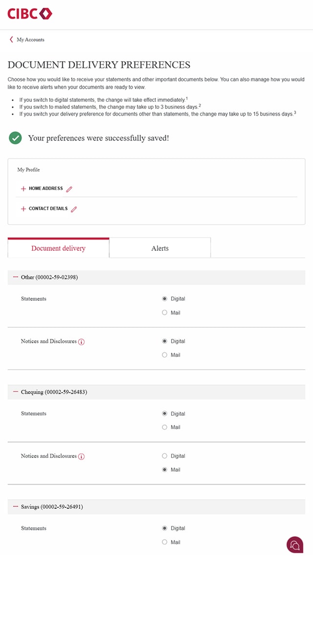 Demo screen 6: Document Delivery Preferences page with a note stating preferences were successfully saved. No pulsing animation.