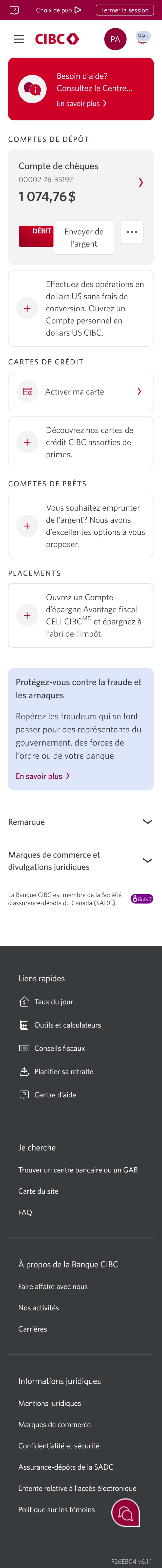 Écran 2 de la démonstration : Page d’accueil de Services bancaires CIBC en direct. Une animation dynamique met en évidence le menu Plus d’options.