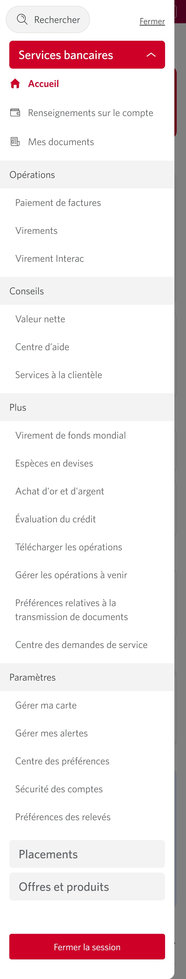 Écran 3 de la démonstration : Barre de navigation latérale de Services bancaires CIBC en direct. Une animation dynamique met en évidence le lien Préférences relatives à la livraison de documents.