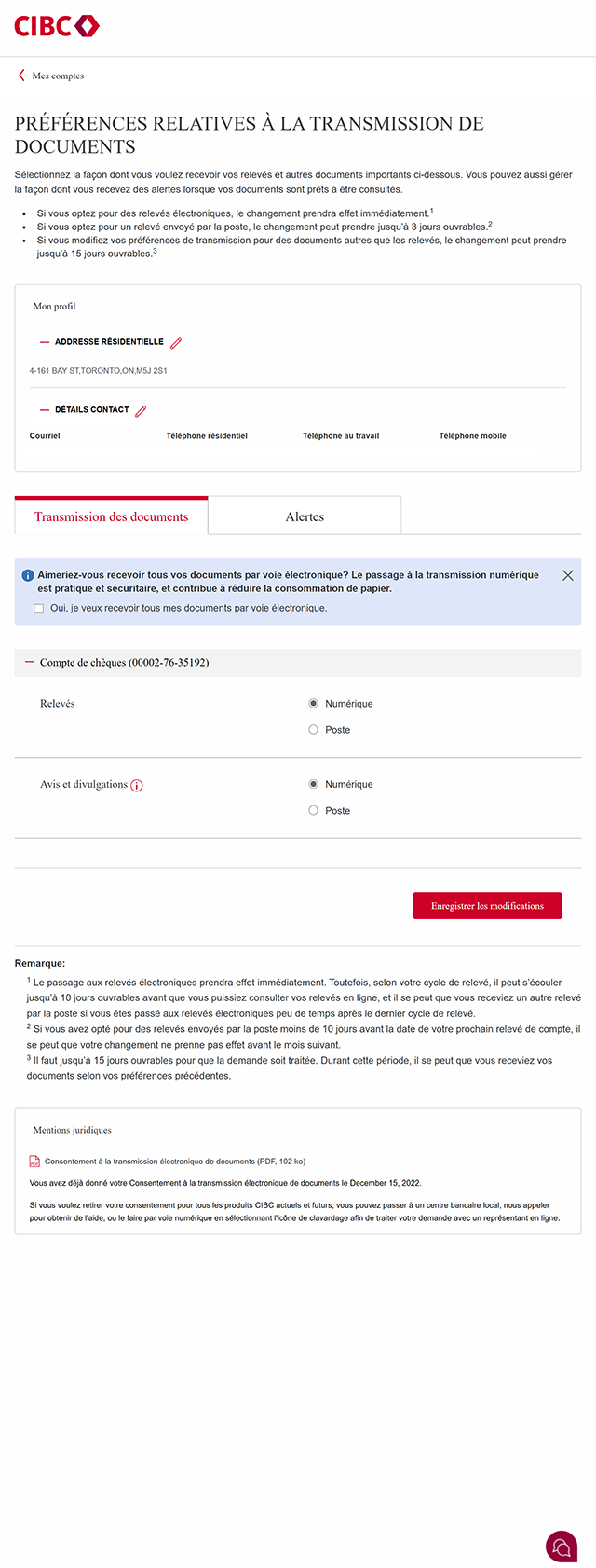 Écran 4 de la démonstration : Page Préférences relatives à la livraison de documents pour choisir le type de relevé. Une animation dynamique met en évidence le bouton Enregistrer les modifications.