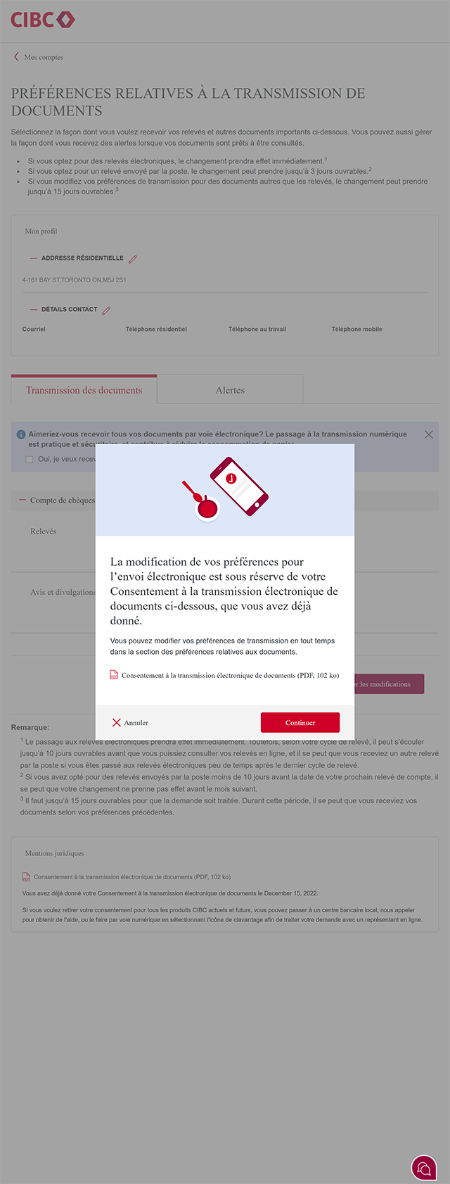 L’écran 5 de la démonstration comporte une fenêtre modale avec un document PDF : Consentement à la transmission électronique de documents. Une animation dynamique met en évidence le bouton Continuer.