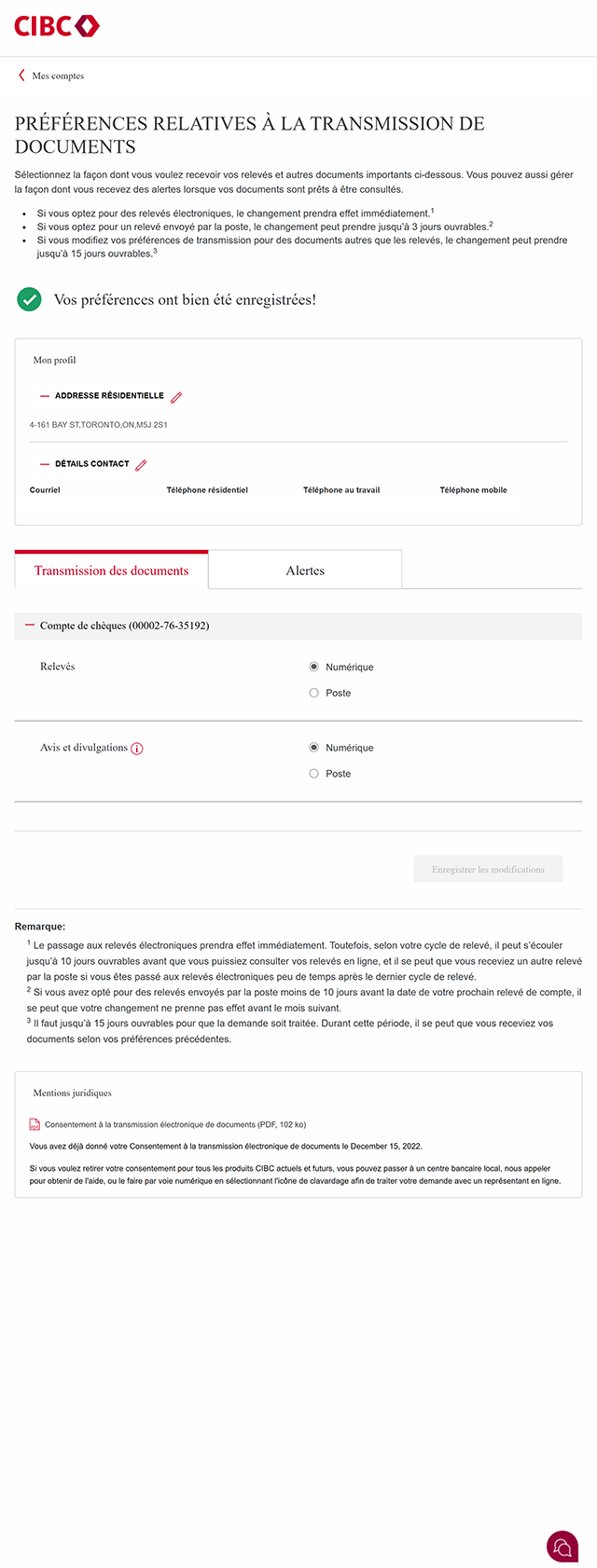Écran 6 de la démonstration : Page Préférences relatives à la livraison de documents avec une note indiquant que les préférences ont bien été enregistrées. Aucune animation dynamique.