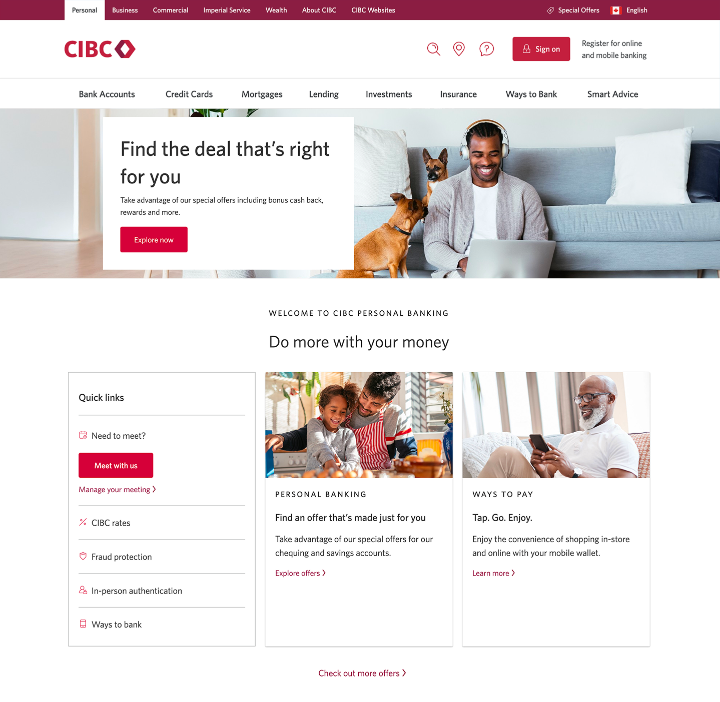 Demo screen 1: CIBC homepage. A pulsing animation highlights the "Register for online and mobile banking" link.