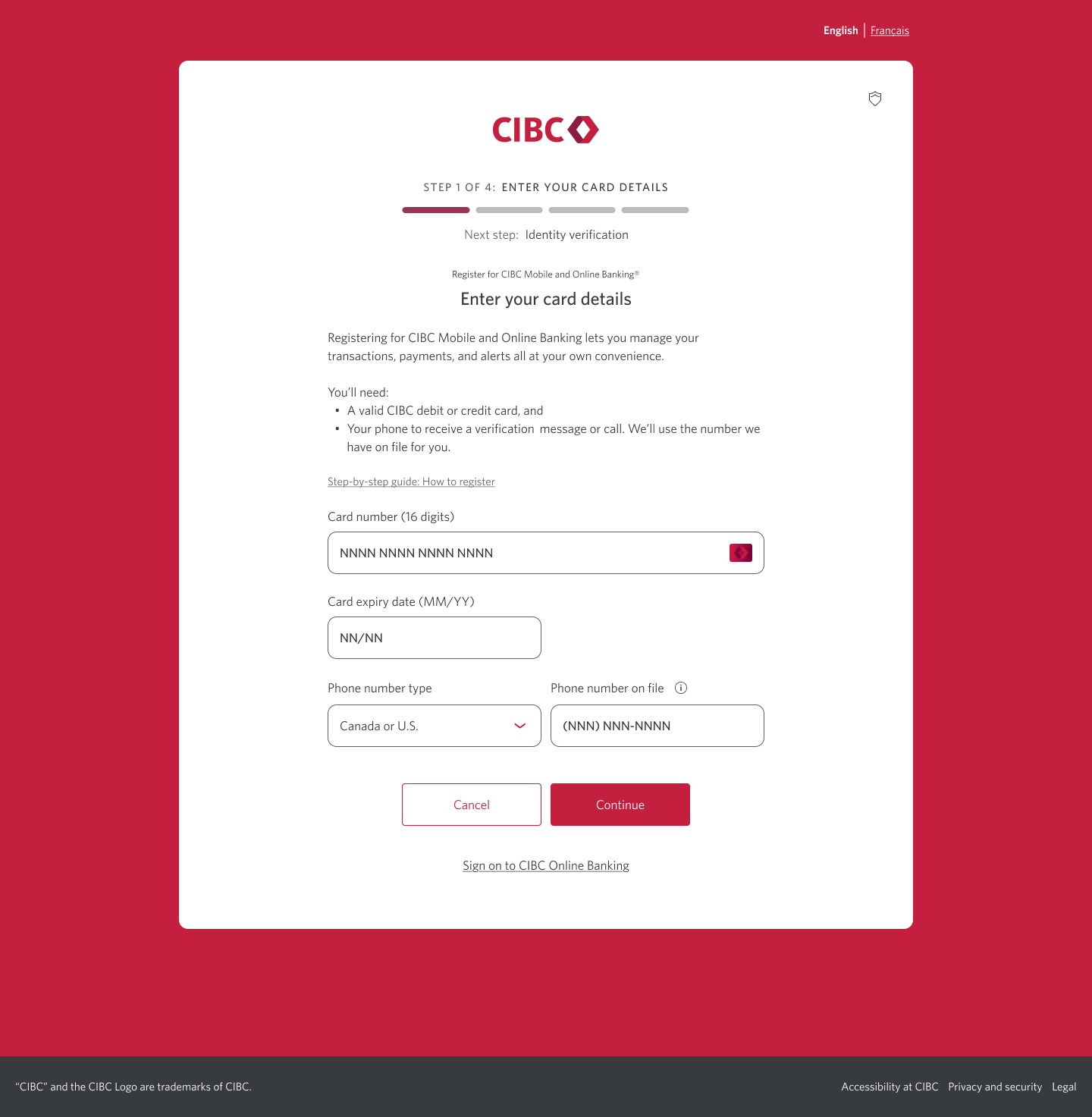 Demo screen 2: Registration page 1 of 4 with fields for card details. A pulsing animation highlights the "Continue" button.