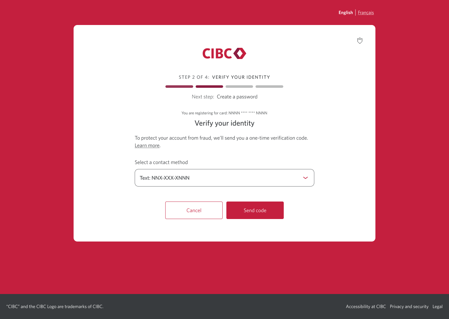Demo screen 3: Registration page 2a of 4 with contact method selection. A pulsing animation highlights the "Send code" button.