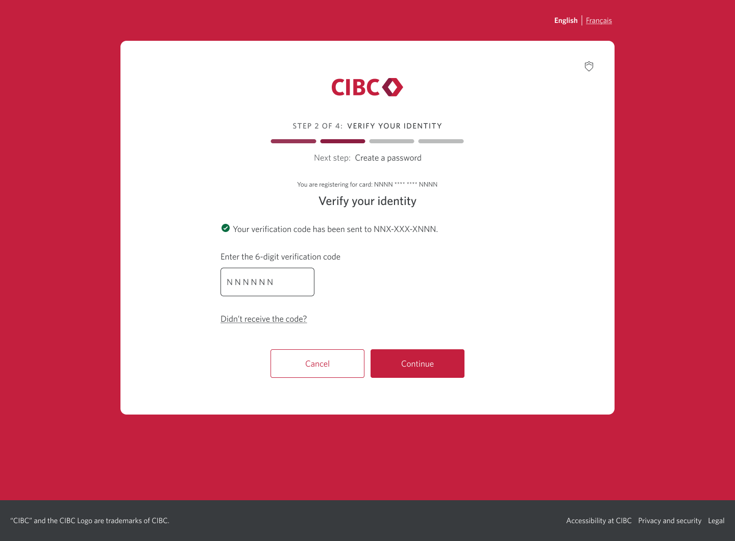 Demo screen 4: Registration page 2b of 4 with verification code input. A pulsing animation highlights the "Continue" button.